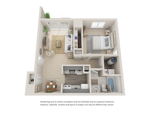 One bedroom, one bathroom three dimensional floor plan.